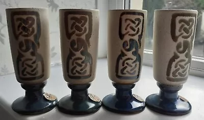 Buy Laugharne Welsh Pottery Celtic Fluted Goblets X 4 Vintage Blue & Cream 14 X 6 Cm • 24.99£
