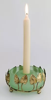 Buy Vintage Bagley Glass Frosted Green Quebec Candle Bloom Trough & Gilt Stand • 14.99£
