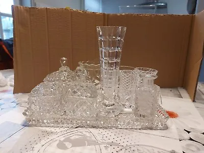 Buy Vintage Heavy Pressed Clear Glass/ 9 Piece  Table Set • 19.99£