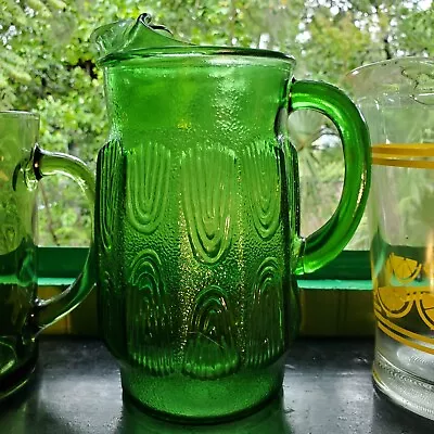 Buy Vintage Anchor Hocking Green Wood Grain Glass Pitcher With Ice Lip • 14.16£