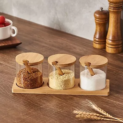 Buy Eden & Willow 3-Piece Bamboo And Glass Trio Kitchen Jar Set With Serving Spoons • 17.50£