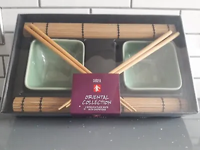Buy M & S Oriental Collection 2 Green Bowls & Place Mats With Chopsticks • 9.99£