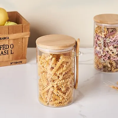 Buy Clear Glass Storage Pantry Jar Kitchen Canister With Airtight Bamboo Lid & Spoon • 10.49£