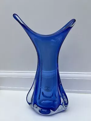 Buy Vintage GLASSTAR 23cm Cobalt Blue Fishtail Vase Bohemia Glass With Label • 45£