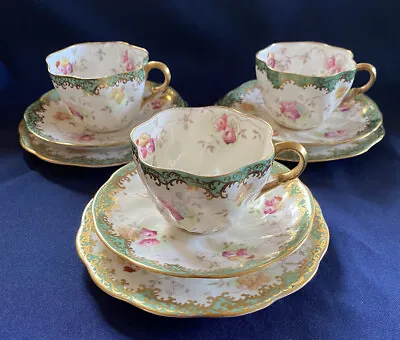 Buy Crown Staffordshire  For Osler Calcutta Set Of 3 Green Floral Trios • 31.99£