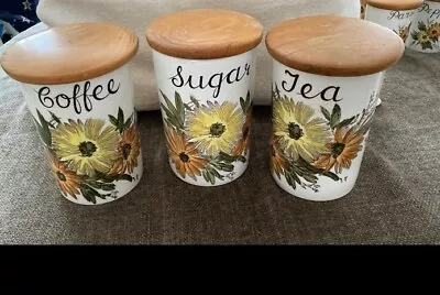 Buy 3 Vintage Crown Devon Fieldings Storage Jars~ Tea Coffee Sugar ~ Sunflower • 25£