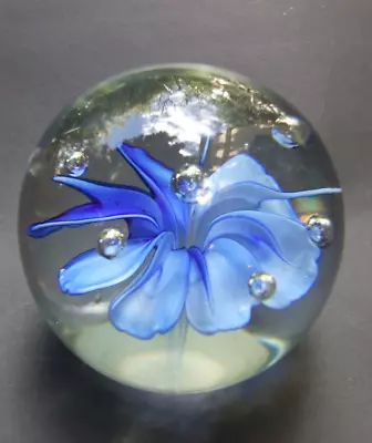 Buy Vintage Designer Art Glass Air Bubble Blue Floral Paperweight Vgc  Gift • 36.60£
