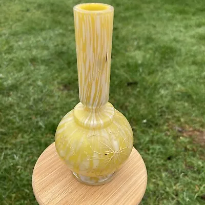 Buy Vintage Czech Bohemian Art Glass Bud Vase Yellow And White Handblown Butterflies • 43£