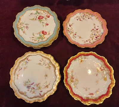 Buy 12 - Antique Adderley Hand Colored Floral Gold Gild Plates Aqua Pink Yellow Red • 640.39£