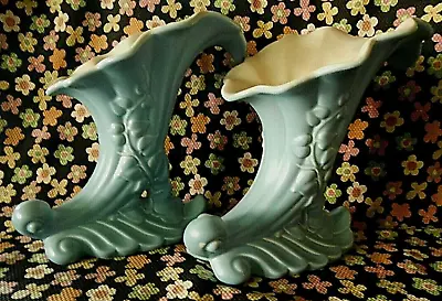 Buy  Pair Red Wing USA Cornucopia 9  Vases Blue Exterior & Ivory Interior #1098  • 38.51£