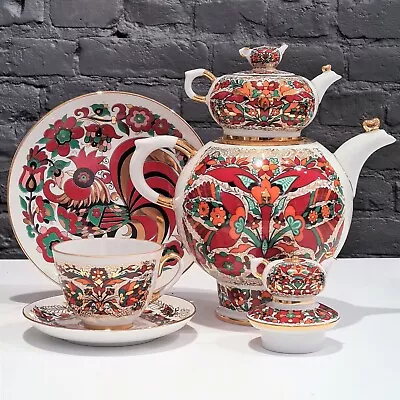 Buy Cup & Saucer Red Rooster Alexey Vorobievsky Russian Imperial Lomonosov Porcelain • 127.88£