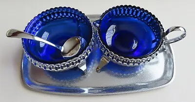 Buy Vintage 60s Cobalt Blue Glass Sugar Bowl Milk Cream Jug & Plated Spoon With Tray • 15£