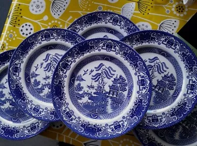 Buy 6 X English Ironstone Tableware Old Willow Blue & White Dinner Plates • 26£