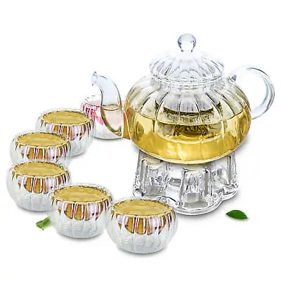 Buy 8in1 Pumpkin Shaped Glass Tea Set-1*615ml Heat Resistant Teapot+6*Cups+1*Warmer • 39.30£