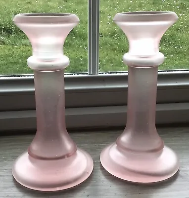 Buy Vintage Pair Of Pink Frosted Glass Candle Sticks 19cm Tall • 20£