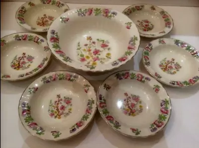 Buy Wade China Serving Bowl & 6 Matching Fruit/Dessert Dishes Pretty Painted Florals • 18£