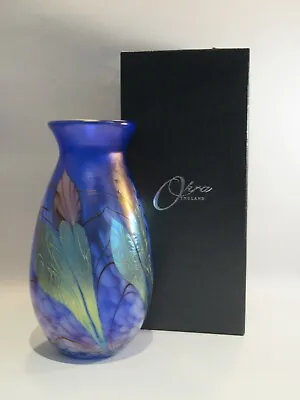 Buy David Barras Signed Boxed Okra Blue Glass Vase With Irridescent Floral Detail • 180£