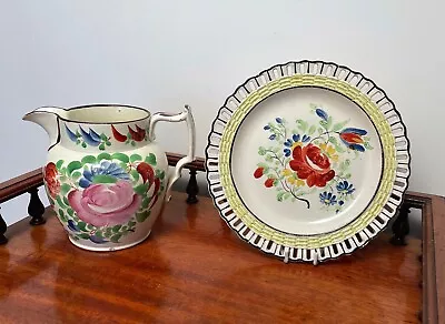 Buy Good Early Antique Bristol Georgian Creamware Jug And Pearlware Plate, Welsh • 25£