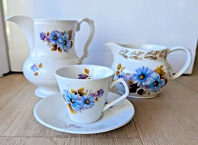 Buy Lord Nelson Pottery Pitcher Jug Teacup Saucer Set Floral Gold • 47.37£