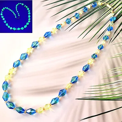 Buy Uranium Necklace 22'' Blue/Yellow Vaseline Glass Czech Old Beads Women`s Jewelry • 42.44£