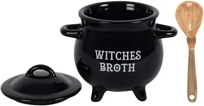 Buy Black Witches Broth Cauldron Soup Bowl With Broom Spoon Black Gothic Halloween • 11.99£