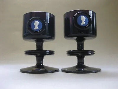 Buy Pair Of Wedgwood Amethyst Glass Candle Holders ~ 1977 ~ Sheringham ~ R.S. Wilson • 34.99£
