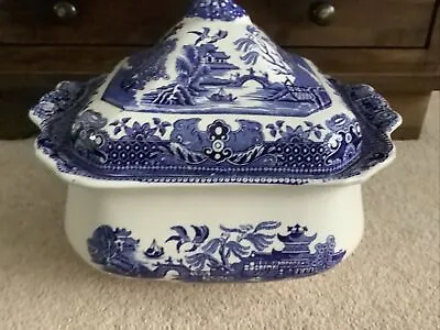 Buy VINTAGE Large Blue/White'Willow' Pattern Square Tureen With Lid By Burleigh Ware • 25£