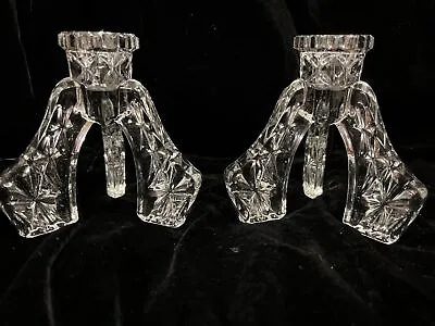 Buy Pair 2 Vintage Clear Glass Tripod Art Deco Christmas Candle Candlestick Holders • 24.99£