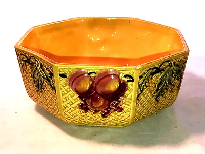 Buy LDBC German Majolica Yellow Octagonal Bowl Basketweave & Fruit 9  W X 3 3/4  H • 28.67£