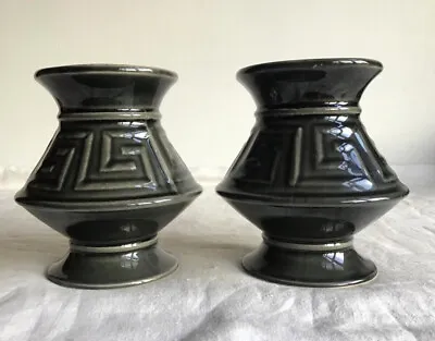 Buy PAIR Of HOLKHAM Pottery, Wells, Green Vases. Greek Key Pattern. • 12.50£