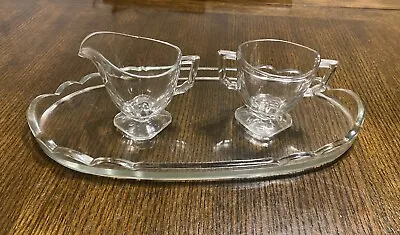 Buy Vintage Clear Glass Creamer And Sugar Bowl W/ Tray.  Thick Sturdy Glass. • 4.73£