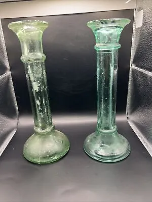 Buy Vintage Green Glass Candlestick Holders Or Rosebud Vases Two Non-Identical • 16.56£