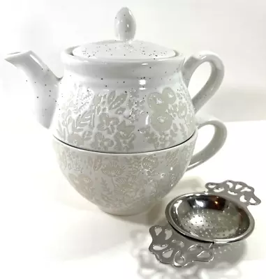 Buy Taimei Teatime White Over Beige Ceramic Tea For One Set Teapot Lid Cup Strainers • 24.01£
