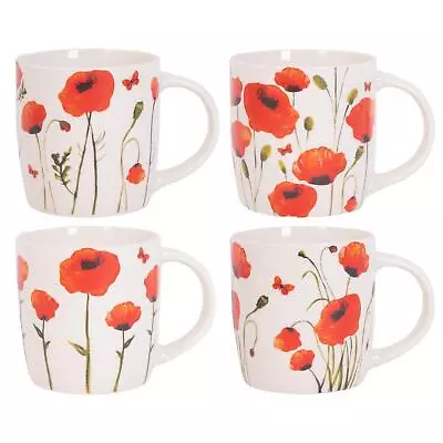 Buy Set Of 4 Poppy Floral Design Mugs New Bone China Coffee Tea Cups 350ml • 13.95£