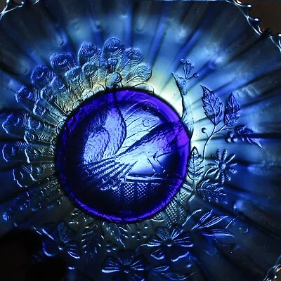 Buy Northwood Carnival Glass Pie Crust Electric Blue Bowl, Peacocks On Fence Design • 43£