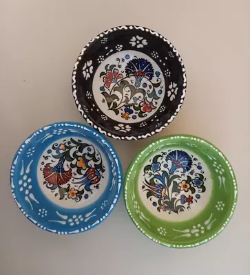 Buy Set Of 3 - Handmade Ceramic Bowls,10cm, Turkish Tile Colourful Floral Motifs • 15.99£