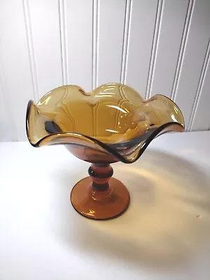 Buy Vintage 1970s Amber Blown Glass Dish Compote Ruffled Edge And Pedestal • 23.98£