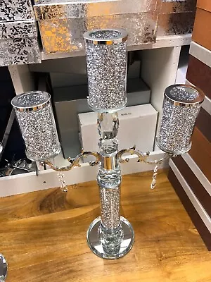 Buy 40cm Tall Crushed Diamond Set Of 3 Tall Candle Holder Sparkly Silver Crystal. • 39.99£