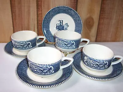 Buy Vintage Royal China Blue Currier & Ives (4) Cup & Saucer Sets USA 8 Piece Lot • 21.20£