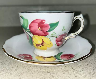 Buy Vintage Royal Vale Teacup & Saucer White And Gold With Tulips Fine Bone China • 23.62£