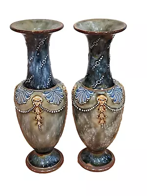 Buy A Fabulous Pair Of Doulton Lambeth Vases With Maiden Head Decoration. • 145£