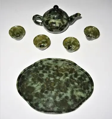 Buy Vintage Chinese Spinach Jade Miniature Tea Set, Melon Shaped Tea Pot Tray 4 Cups • 161.47£