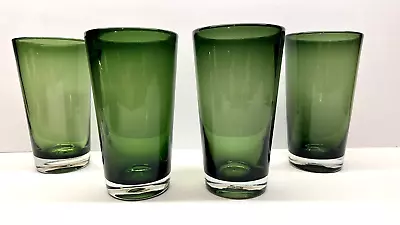 Buy Vintage Set Of 4 Heavy Hand Blown Green Glass With Clear Base Glass Tumblers • 61.50£