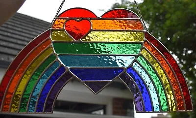 Buy Stained Glass Rainbow And Rainbow Heart Suncatcher Panel  Handmade In England • 150£