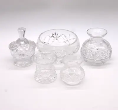 Buy CUT GLASS BUNDLE Set Of 5 Vintage Glass Vase Bowl & Sweet Jar With Lid • 3.49£