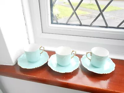 Buy Cups 2.5 In High 8 In  & Scalloped Saucers 5 In Across X6 Lot Blue Gold Rim GC • 7£