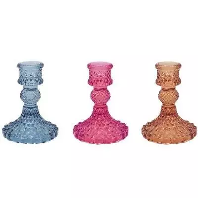 Buy 1 X Jewel Coloured Glass Candlestick Candle Holder, Blue, Pink Or Peach • 8£
