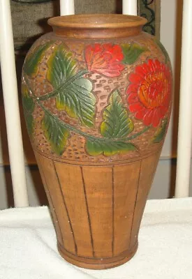Buy Vintage Pottery Vase Floral Painted Designs Large Vase Resembles Wood • 96.29£