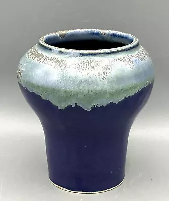 Buy Vintage Hand Made Ceramic Vase Blue Glazed Wide Shoulder 5   Marked 'R' On Base • 27.40£