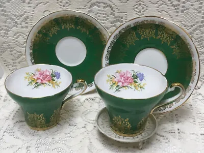 Buy 2 Vintage Royal Stafford Tea Cup & Saucer Sets Green With Pink Carnations #2104 • 48.05£